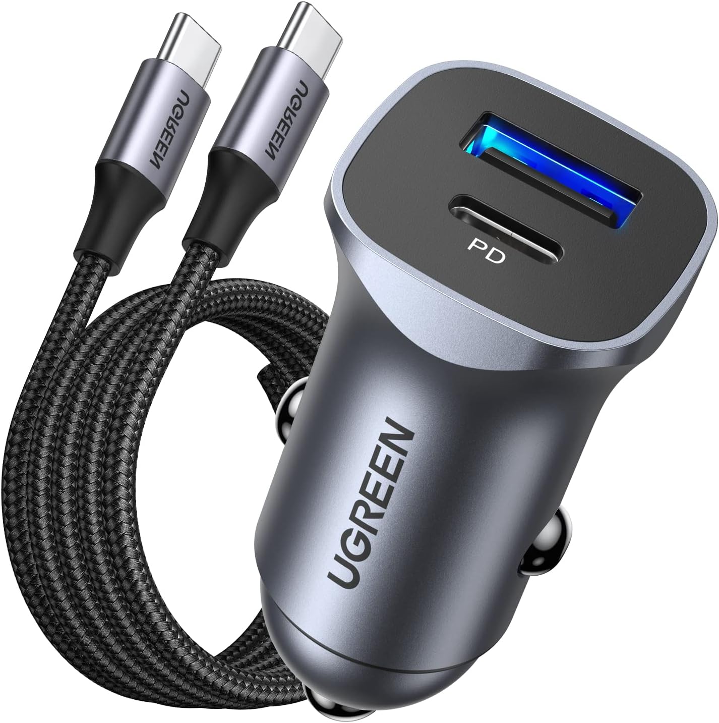 يوجرين شاحن سيارة سريع الشحن PD30W بمنفذين USB C لهاتف ايفون 16 برو ماكس شاحن سريع الشحن للسيارة ومحول هاتف مع كابل USB C بطول 1 متر مضفر لهاتف ايفون 16 وجالاكسي S23 وهواوي وايبود برو وشاومي