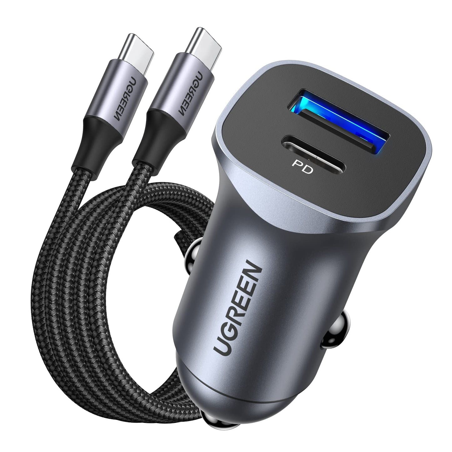 يوجرين شاحن سيارة PD 24W سريع الشحن بمنفذ USB مزدوج شاحن سيارة النوع سي متوافق مع ايفون 16 برو ماكس/16 برو/16/15/14/13/12/11 ،ايبود برو/ميني 6 سامسونج S24/S23/S22 ،هواوي ميت 60، إلخ.
