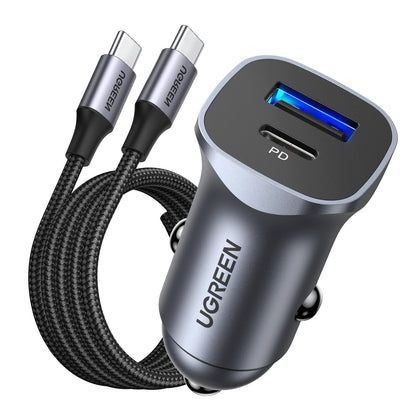 يوجرين شاحن سيارة PD 24W سريع الشحن بمنفذ USB مزدوج شاحن سيارة النوع سي متوافق مع ايفون 16 برو ماكس/16 برو/16/15/14/13/12/11 ،ايبود برو/ميني 6 سامسونج S24/S23/S22 ،هواوي ميت 60، إلخ.