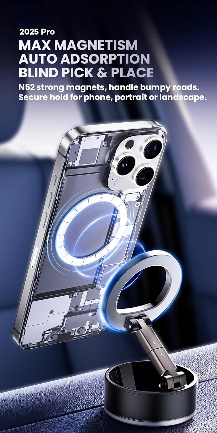 Magnetic Car Phone Holder [70LBS Suction] Dashboard & Windshield Mount, N54 4000gf Magnetic, 360° Adjustable Aluminum Arm, iPhone 17/16/15/14/13/12 & Android