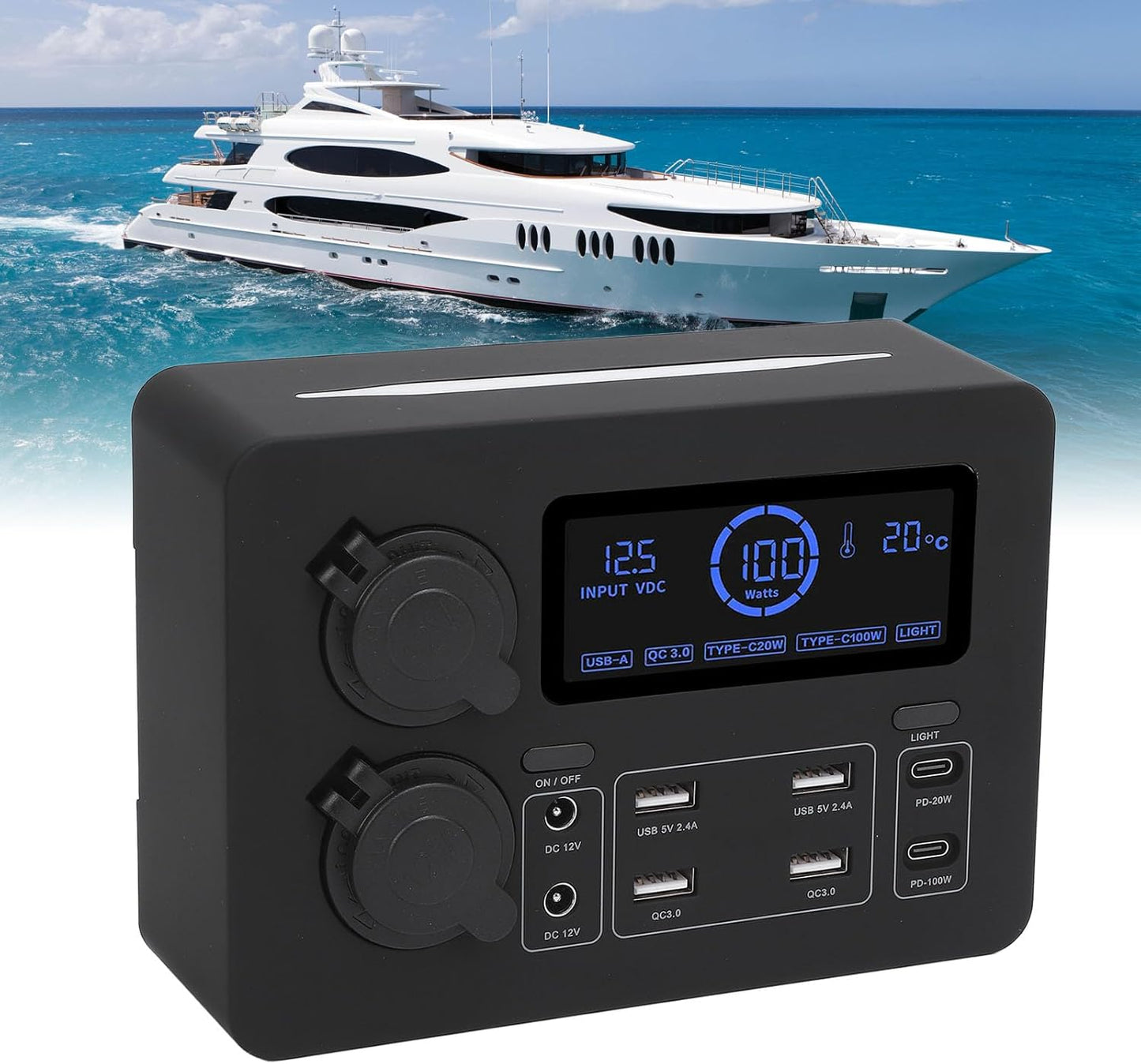 صندوق طاقة صغير للقارب 12 فولت من لوكيوت، شاشة LCD 100 واط بمنفذ USB C QC3.0 مع 4 منافذ لقارب ار في والسيارة وسيارات الدفع الرباعي والتخييم والصيد