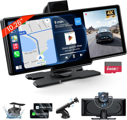 Violety Portable Wireless CarPlay Touchscreen for Car: 4K Apple Carplay & Android Auto Car Play Screen with 4K Dash Cam/1080p Rear Camera/GPS Navigation/Bluetooth/Mirror Link/AirPlay (10.26 in)