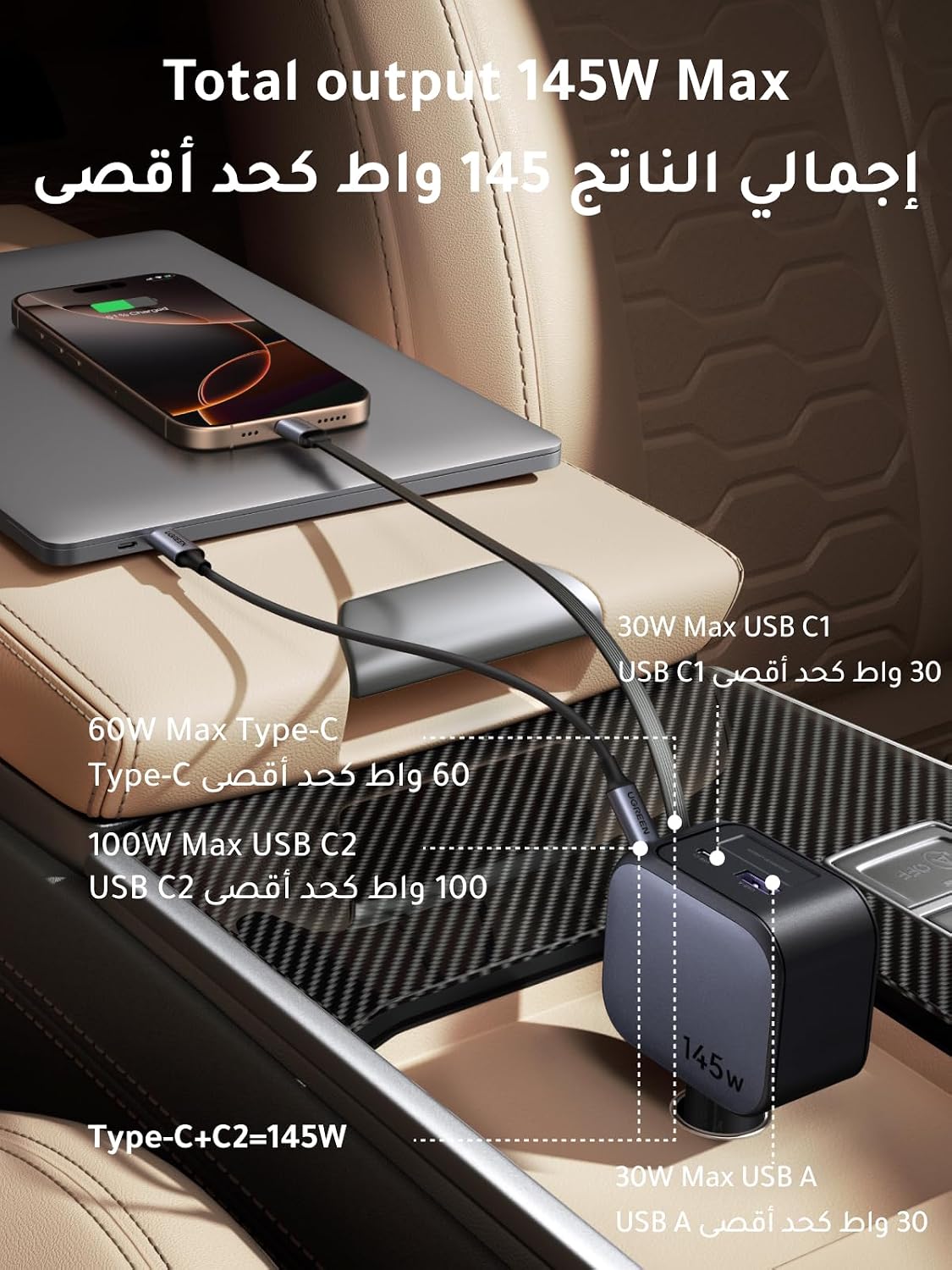 يوجرين شاحن سيارة قابل للسحب بقوة 145 واط مع كابل USB-C مدمج بقوة 60 واط بطول 70 سم، 3*USB-C منافذ+ 1*USB-A منفذ،شاحن سيارة فائق السرعة، متوافق مع iPhone 17 Pro Max، MacBook Pro/Air، Samsung S25 Ultra