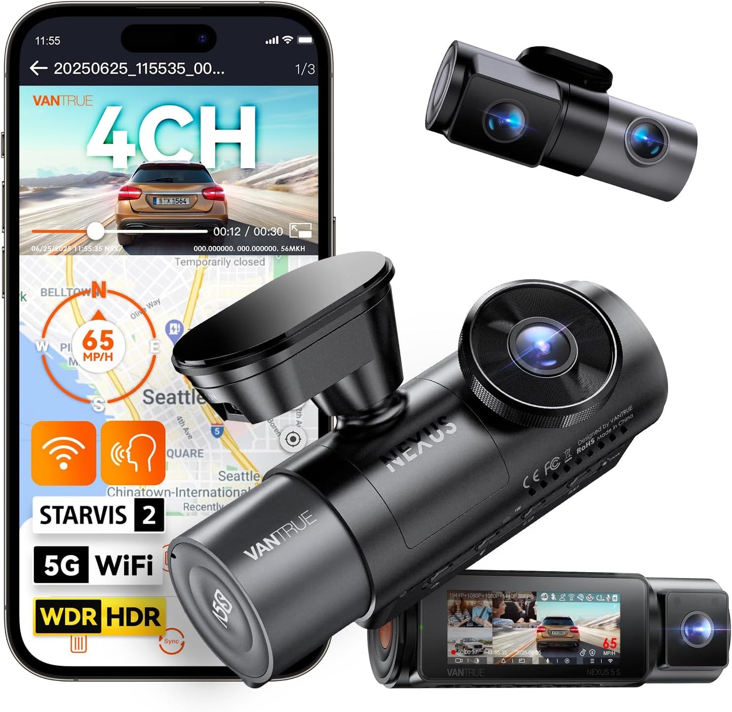 Vantrue N5S 4 Channel WiFi 360 Degree Dash Cam, STARVIS 2, IR Night Vision, 2.7K+1080P*2+1440P Front Rear Inside Dashcam, Voice Control, GPS, OTA Support, 24 Hours Parking Mode, Support 1TB Max