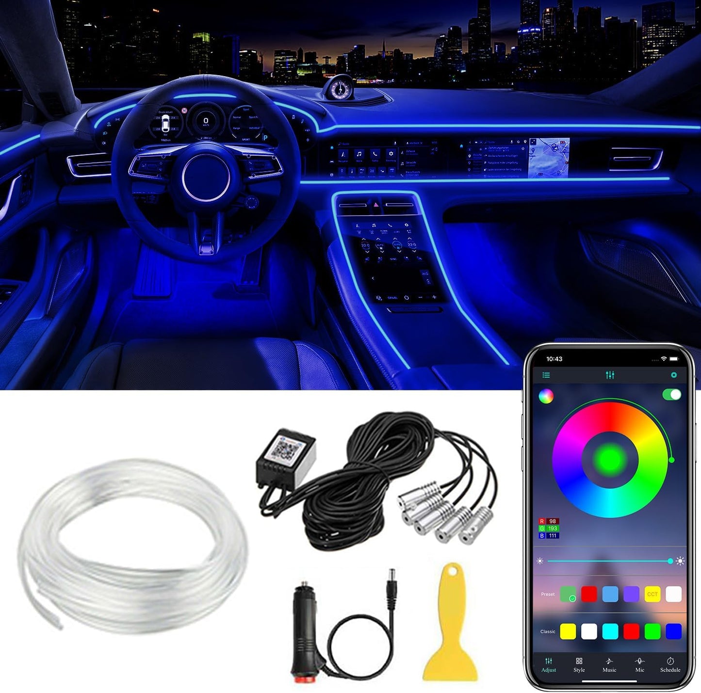 QVEVDACAR Car LED Strip Lights, LEDCARE Multicolor Interior Car Lights,16 Million Colors 5 in 1 Ambient Lighting Kit with 236 inches Fiber Optic, Function and Wireless APP Control (5 in 1 APP)