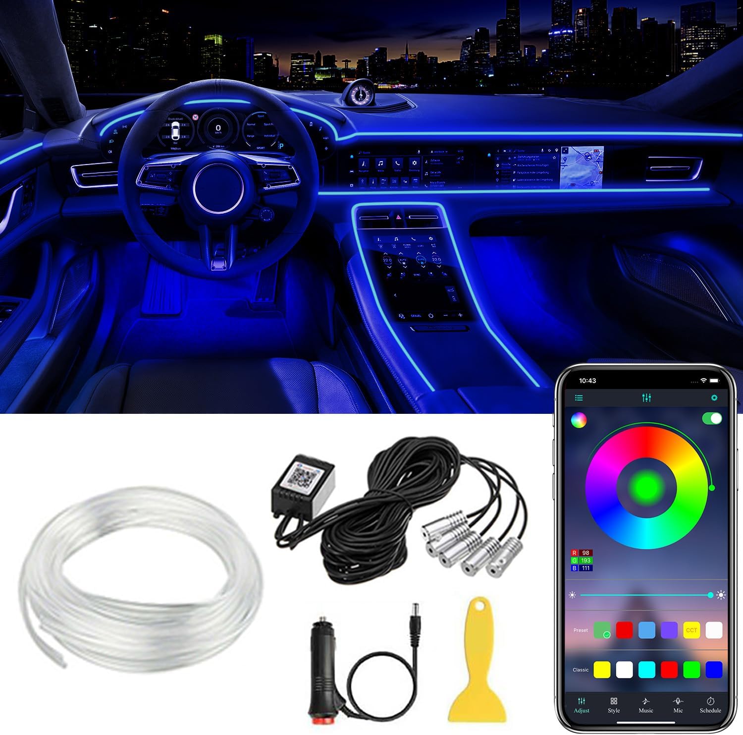 QVEVDACAR Car LED Strip Lights, LEDCARE Multicolor Interior Car Lights,16 Million Colors 5 in 1 Ambient Lighting Kit with 236 inches Fiber Optic, Function and Wireless APP Control (5 in 1 APP)