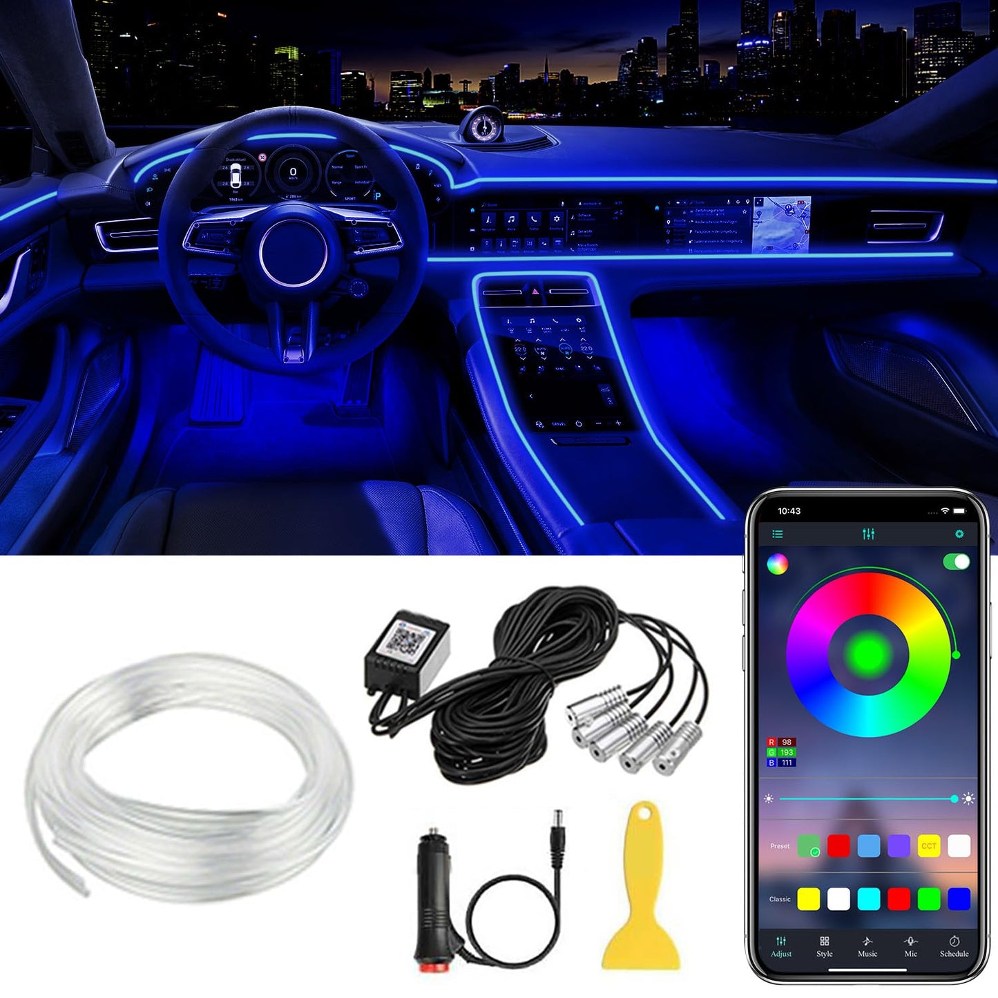 شريط اضاءة LED داخلي للسيارة بتحكم عن طريق التطبيق، 5 في 1 RGB 16 مليون لون، مجموعة اضاءة محيطة مع الياف بصرية 275 انش، وضع الموسيقى لتزيين اضاءة السيارة الداخلية