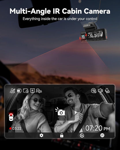 REDTIGER A3 3 Channel Dash Cam Front Rear, 1440P+1080P+1080P Dash Camera, Support Arabic language, Included 32GB Card, 24H Parking Mode, 3.18''Screen Car Camera, WiFi, IR Night Vision, Loop Recording