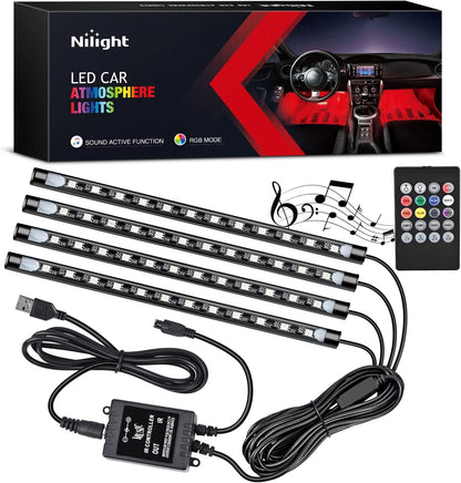 Nilight 4PCS 48 LEDs USB Interior Lights DC 5V Multicolor Music Car Strip Light Under Dash Lighting Kit with Sound Active Function and Wireless Remote Control, 2 Years Warranty