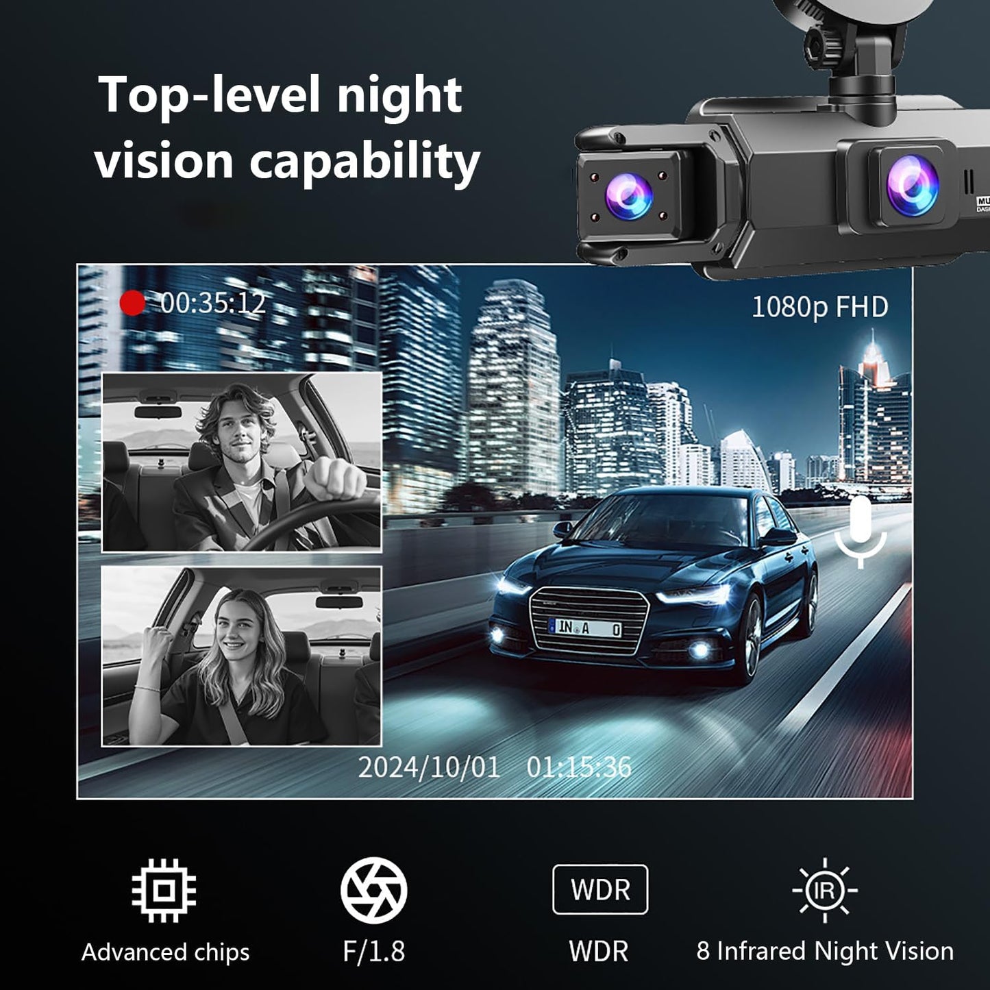 4 Channel Dash Cam 360° View Front and Rear Left Right Inside Camera for Cars, GPS and 5G Band WiFi, Night Vision, 180 Wide Angle, WDR, 24H Parking Mode, Included 64GB Card