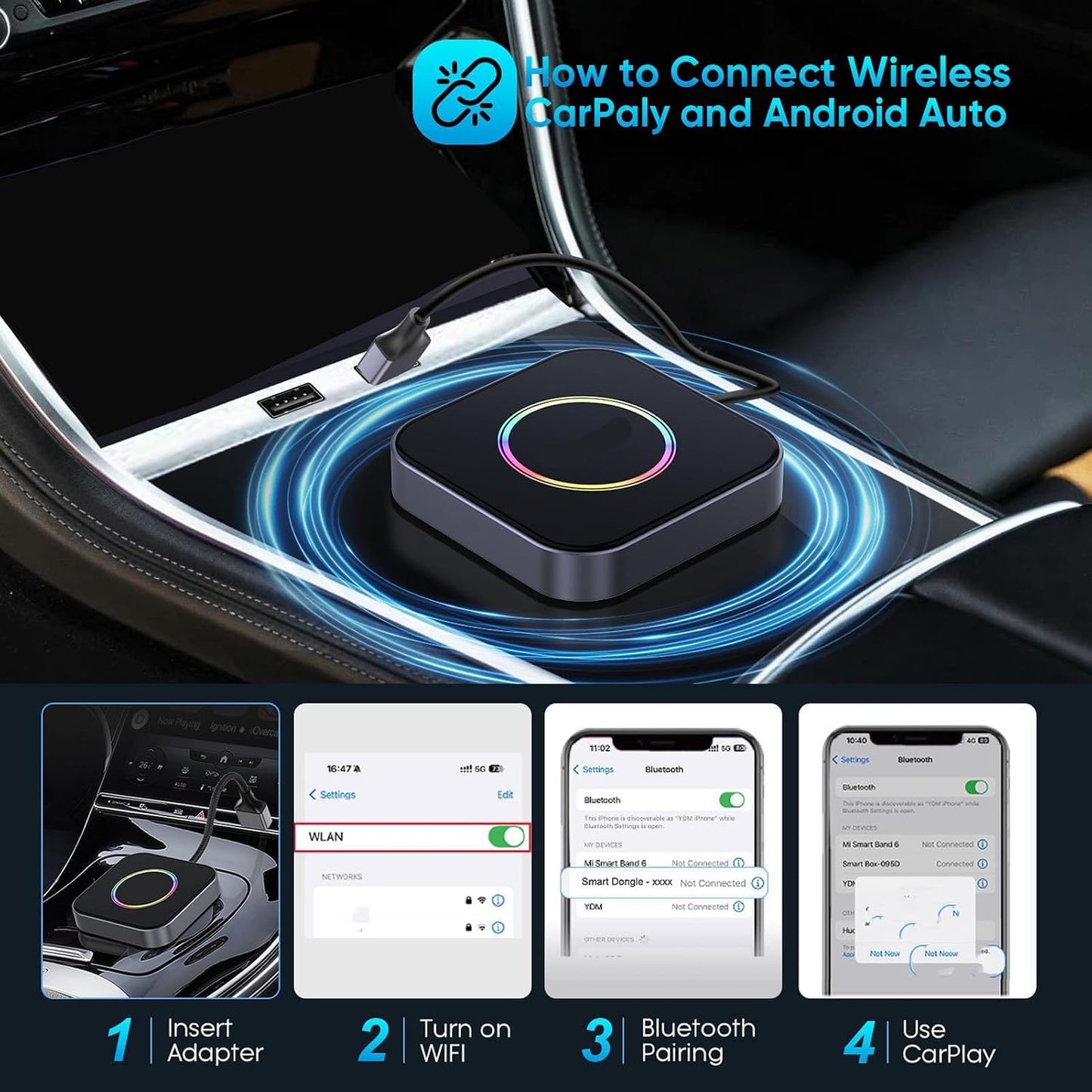 Goshyda 6 in 1 Auto Wireless Adapter, Converts Wired Car Play Android Auto to Wireless, 4G LTE SIM Card Slot, 4+64GB, Split Screen & OTA Updates