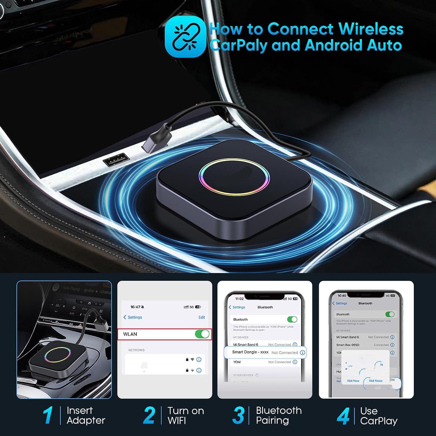 Goshyda 6 in 1 Auto Wireless Adapter, Converts Wired Car Play Android Auto to Wireless, 4G LTE SIM Card Slot, 4+64GB, Split Screen & OTA Updates