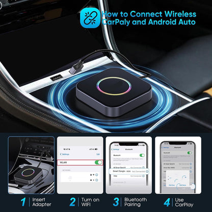 Goshyda 6 in 1 Auto Wireless Adapter, Converts Wired Car Play Android Auto to Wireless, 4G LTE SIM Card Slot, 4+64GB, Split Screen & OTA Updates