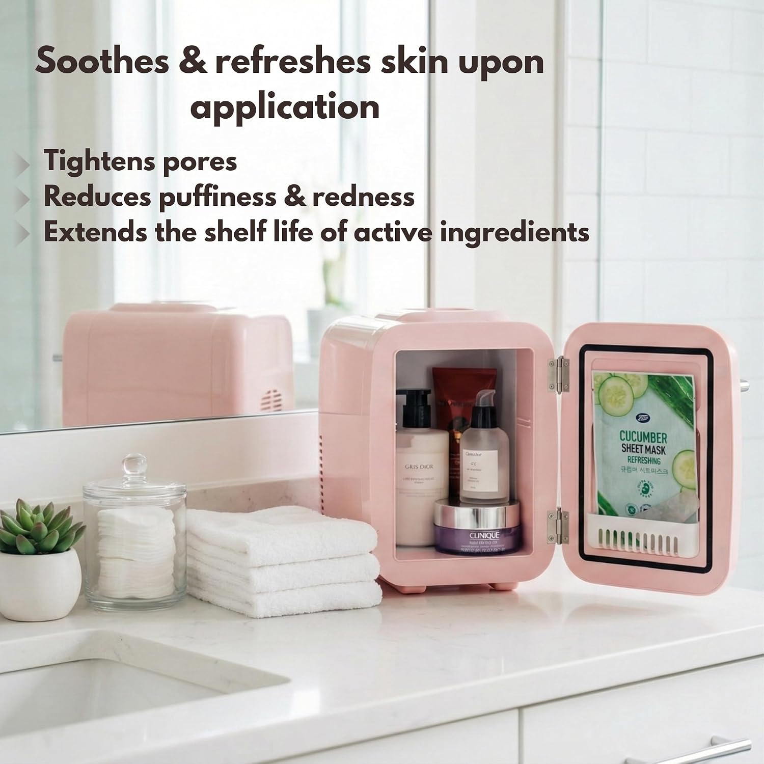 Skyland Mini Fridge 4L / 6 Can – Portable Cooler & Warmer for Skincare, Cosmetics, Food & Drinks – Quiet, Energy Efficient Personal Beauty Fridge for Home, Office, Car & Travel (Pink)