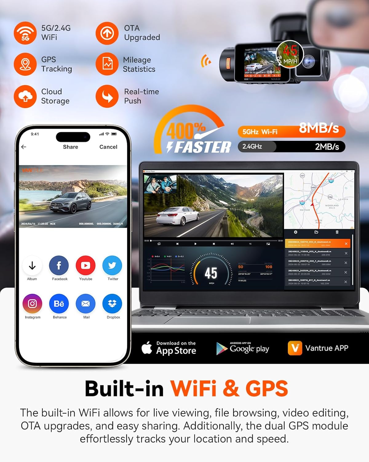 VANTRUE N2X Dash Cam 2.7K Front and Inside, STARVIS 2 IMX675, Dual Dash Cam For Cars, Car camera with 5G WiFi, HDR, Night Vision, GPS, 24H Buffered Parking Mode, 60fps, Voice Control,Support 512GB Max