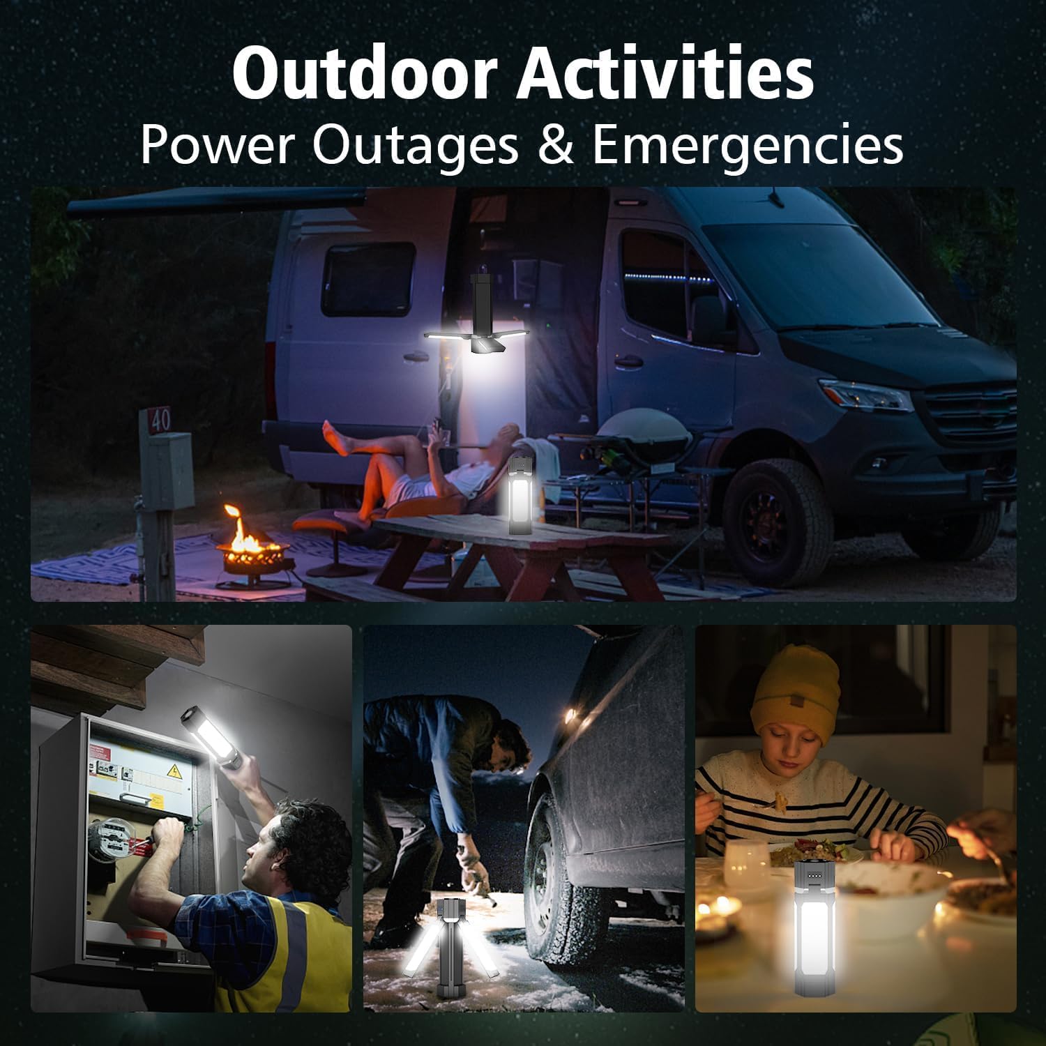 Camping Lantern, LED Flashlight Lantern, Foldable Electric Camping Lights Lamp 5 Modes, 3000mAh Portable with Magnetic Top for Outdoor, Power Cuts, Fishing, Magnetic Vehicle Repair Light