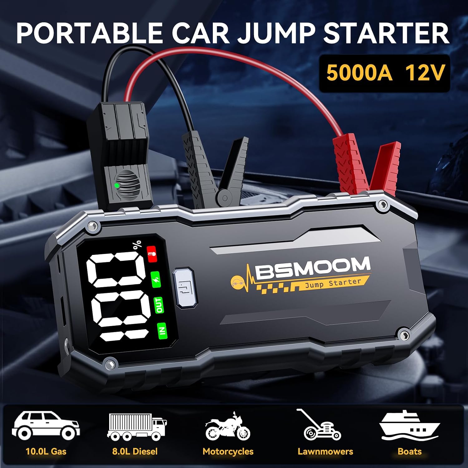 5000A Car Jump Starter Battery Pack (up to 10.0L Gas and 8.0L Diesel Engine), 12V Portable Car Battery Booster with 2.7" Display,USB-C Power Pack,USB QC3.0