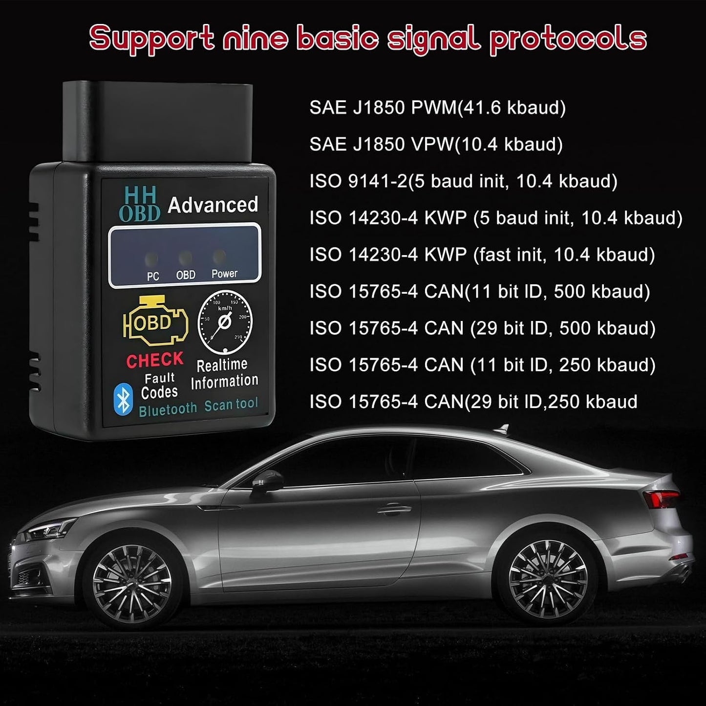 Bluetooth OBD2 Scanner for Car and Vehicles, Wireless OBD II Diagnostic Code Reader for Engine Fault Diagnosis, Universal Professional Auto Scan Tool and Tester Adapter Accessory