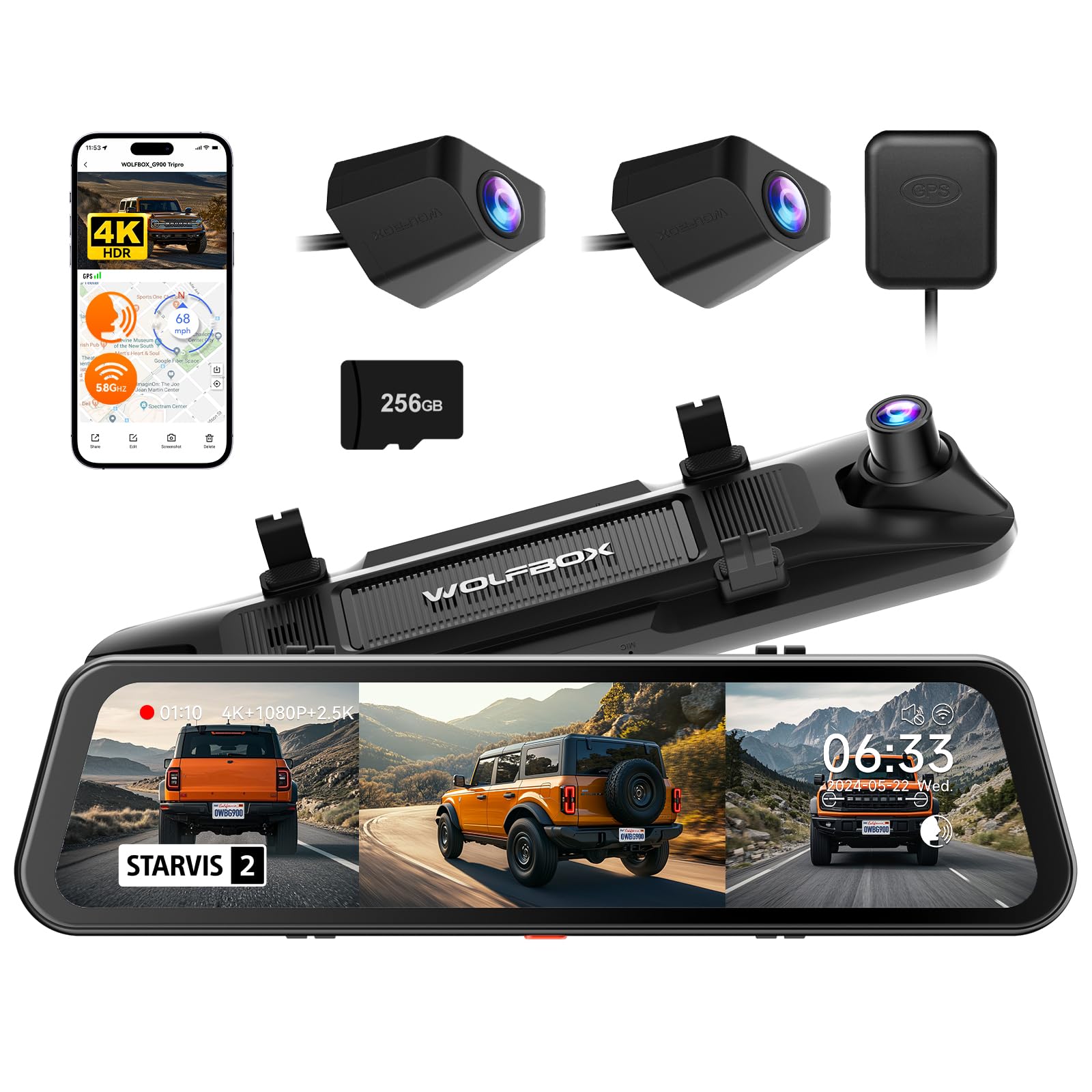 WOLFBOX G900 Tripro Bumper Version 3 Channel 4K Mirror Dash Cam, STARVIS 2 IMX678 Night Vision, 4K+2.5K+1080P Front and Rear Bumper Dash Cam, 5.8GHz WiFi, Voice Control, Includes 256GB Card & GPS