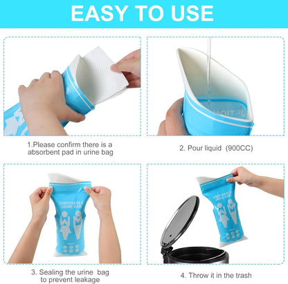 10 Pack Disposable Emergency Pee Bags, 900ML, Portable, Leak-Proof Urine Bags for Camping, Hiking, Road Trips, Men/Women, Emergency Use, Car Travel