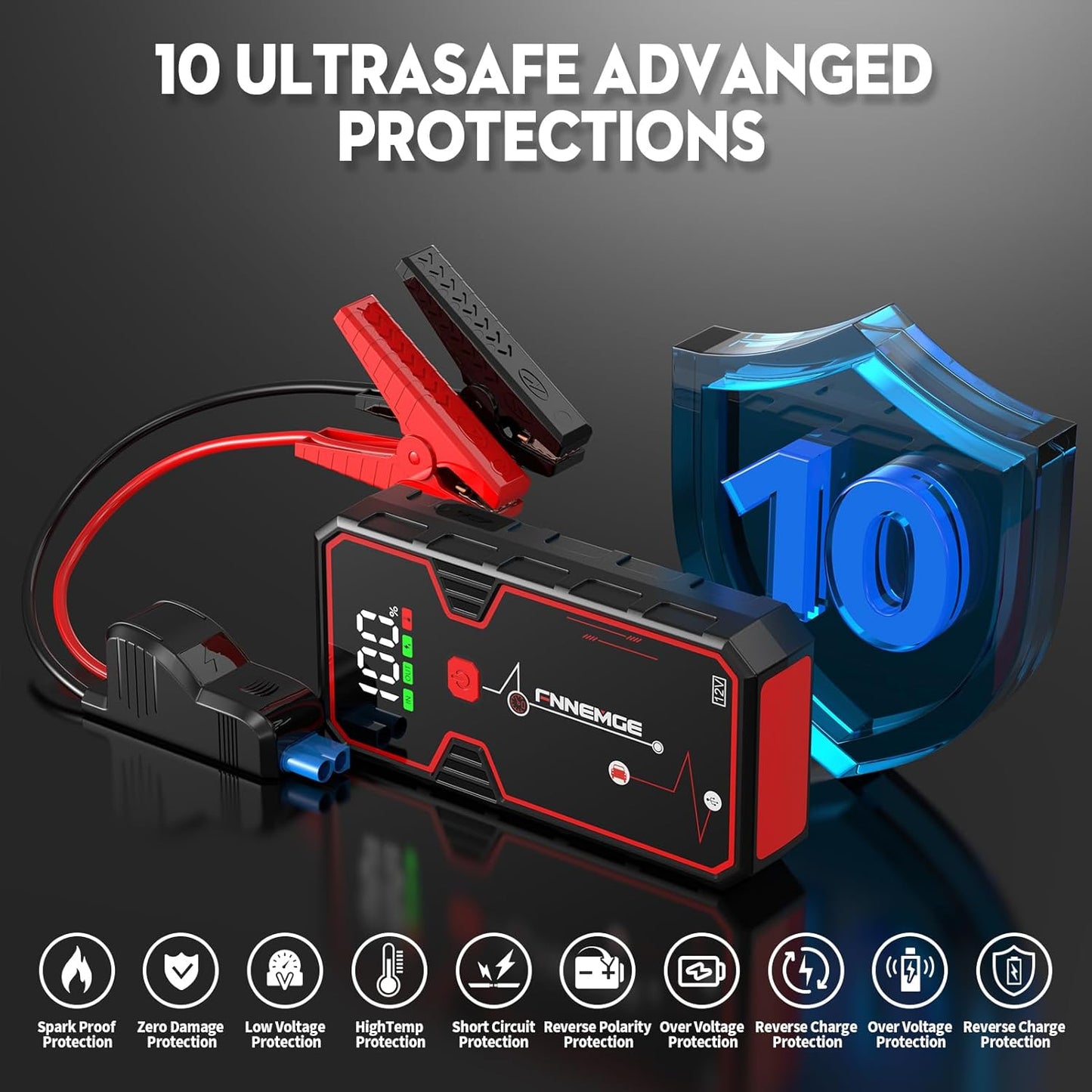 FNNEMGE Car Jump Starter, 5000A Peak 23800mAh 12V Jump Starter Battery Pack(Up to All Gas, 8.0L Diesel Engine),with USB Charge Output Port,LED Light,HD Large Screen