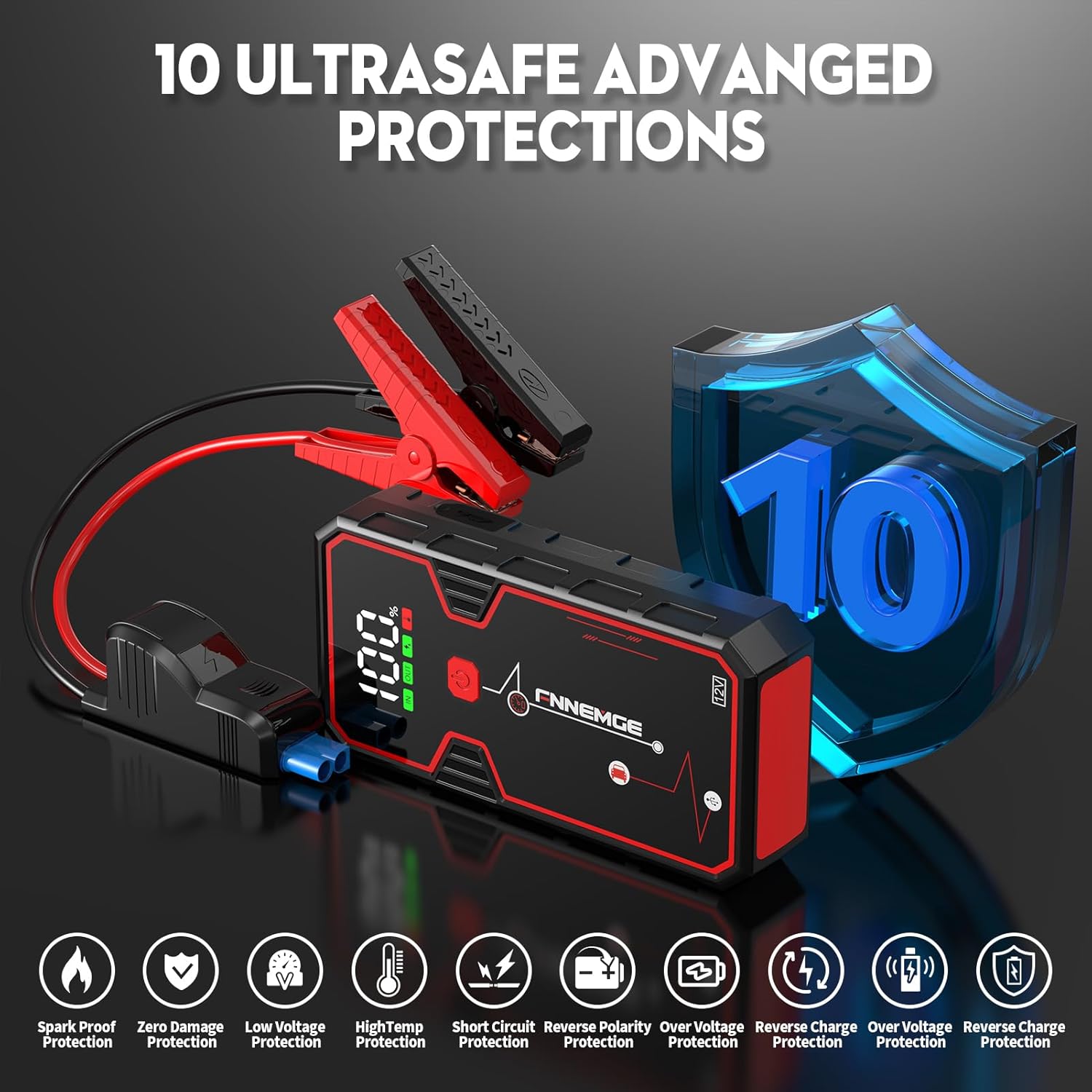 FNNEMGE Car Jump Starter, 5000A Peak 23800mAh 12V Jump Starter Battery Pack(Up to All Gas, 8.0L Diesel Engine),with USB Charge Output Port,LED Light,HD Large Screen