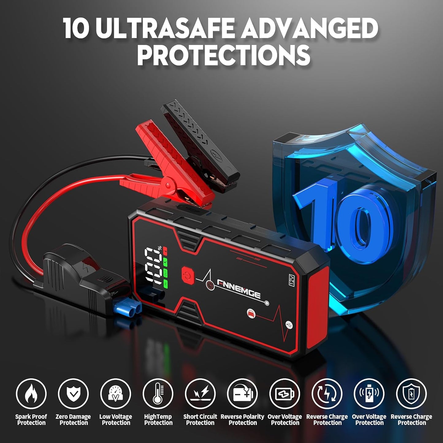 FNNEMGE Car Jump Starter, 5000A Peak 23800mAh 12V Jump Starter Battery Pack(Up to All Gas, 8.0L Diesel Engine),with USB Charge Output Port,LED Light,HD Large Screen