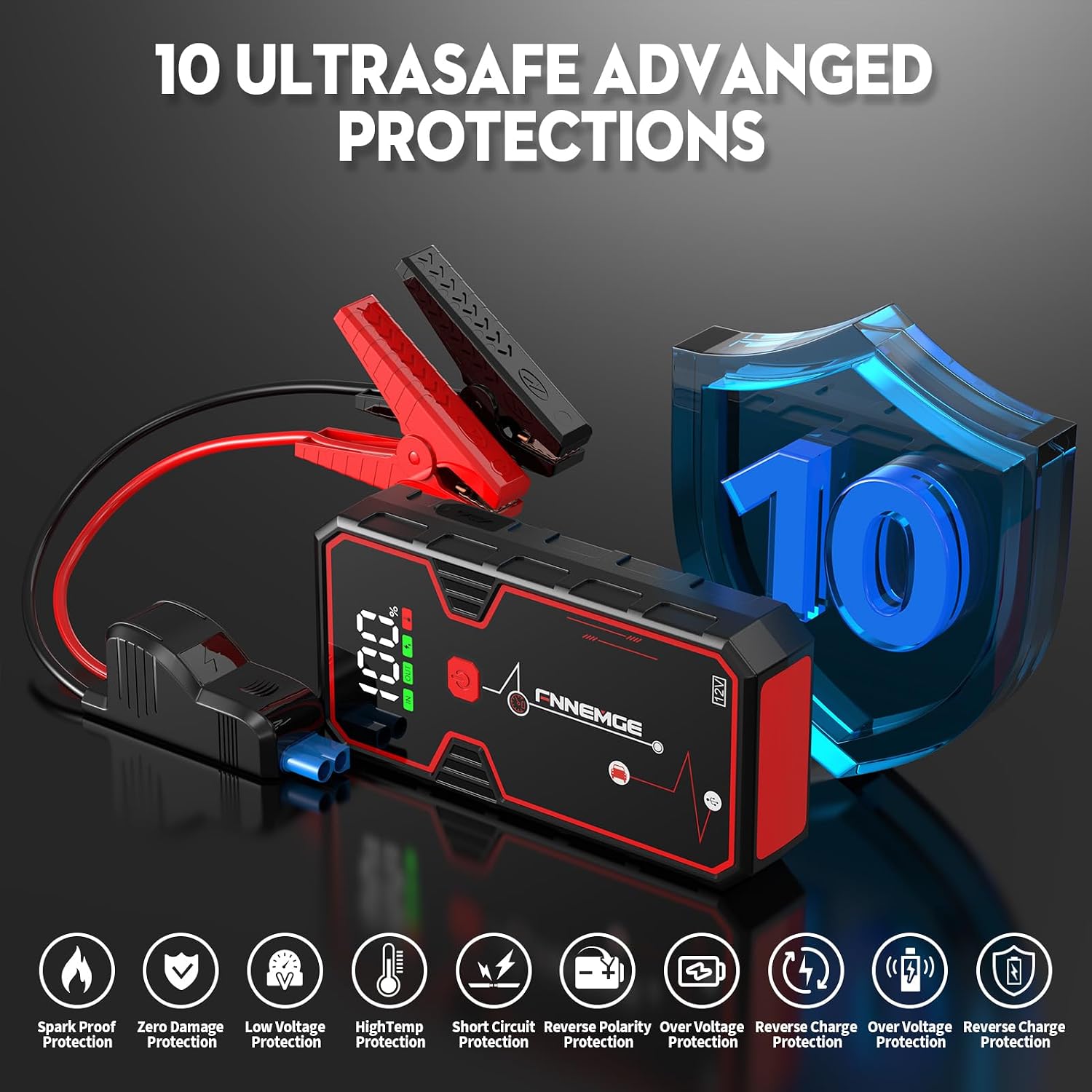 FNNEMGE Car Jump Starter, 5000A Peak 23800mAh 12V Jump Starter Battery Pack(Up to All Gas, 8.0L Diesel Engine),with USB Charge Output Port,LED Light,HD Large Screen