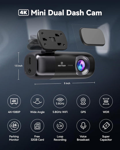 REDTIGER F9 Dash Cam 4K Front and Rear 1080P with Smart App Control,Dual Dash Cam for Cars with 32GB SD Card,GPS,Built-in WiFi,Night Vision,Parking Monitor,Loop Support 256GB Max