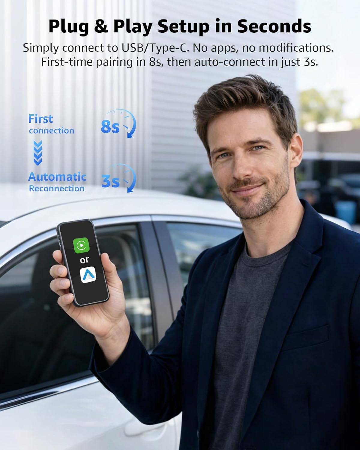 محول لاسلكي ومحول اندرويد اوتو من كاربلاي، ترقية 2026 2 في 1 للتوصيل والتشغيل، دونجل USB/USB-C، يحول سلكي الى لاسلكي للسيارات، اتصال سريع ومستقر، يناسب ايفون واندرويد، ازرق كحلي