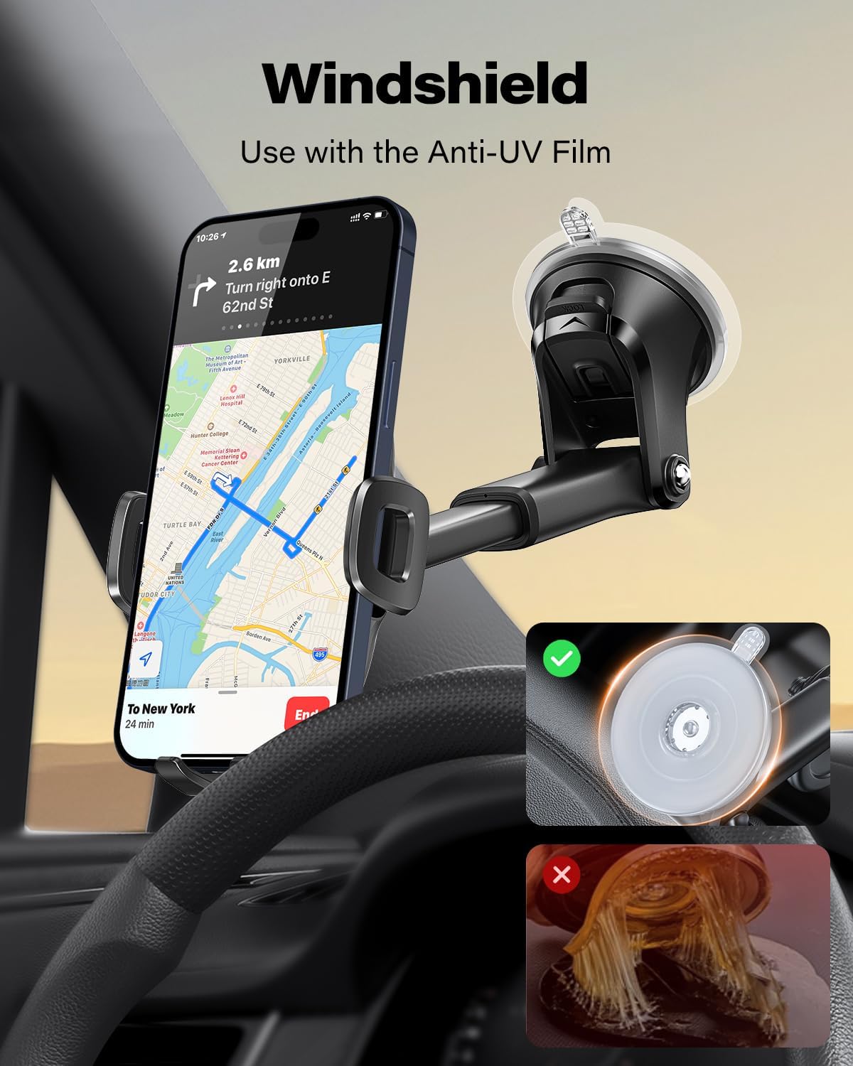 حامل هاتف السيارة من APPS2Car، حامل هاتف عالمي للسيارة، حامل هاتف 360 لتثبيته على لوحة القيادة أو الزجاج الأمامي للسيارة، متوافق مع أجهزة iPhone 15/14/13 من 4.7-6.8 بوصة وسامسونج والمزيد