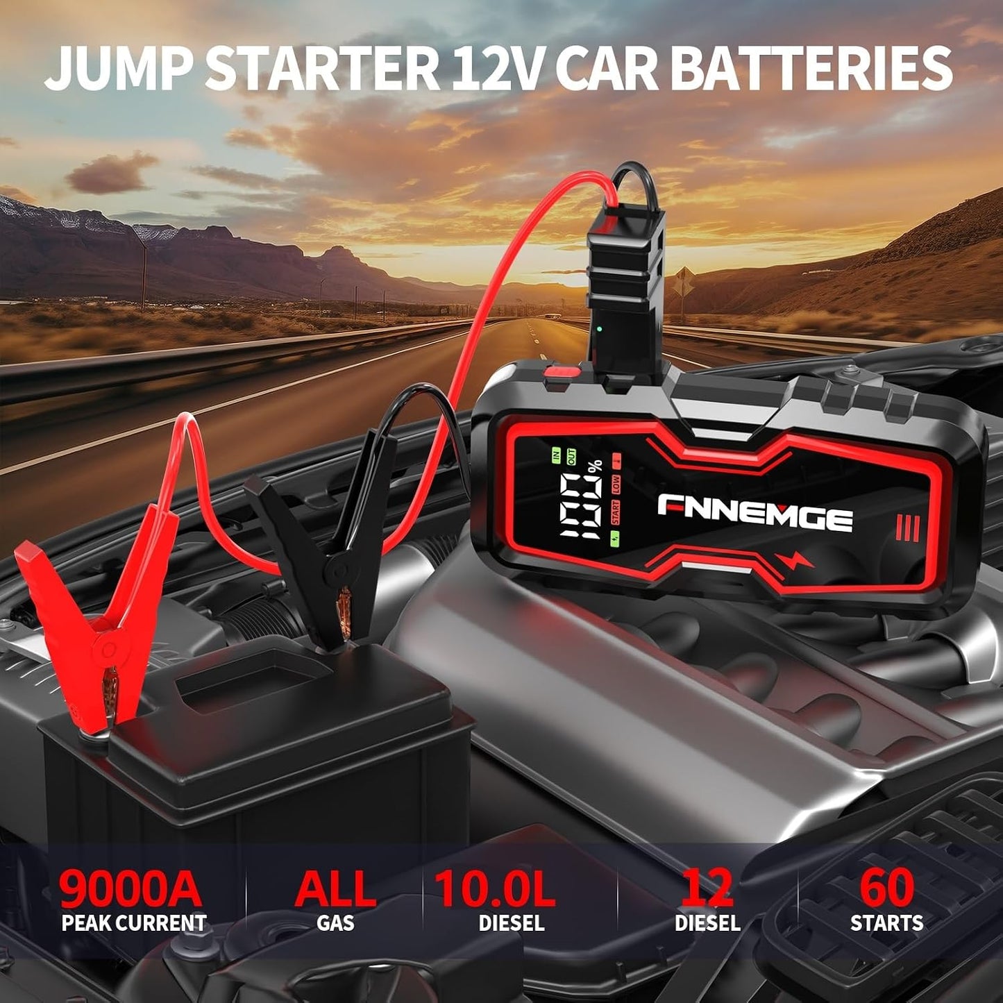 FNNEMGE Car Jump Starter, 9000A Peak 26800mAh 12V Jump Starter Battery Pack(Up to All Gas, 10.0L Diesel Engine),with USB Charge Output Port,LED Light,HD Large Screen