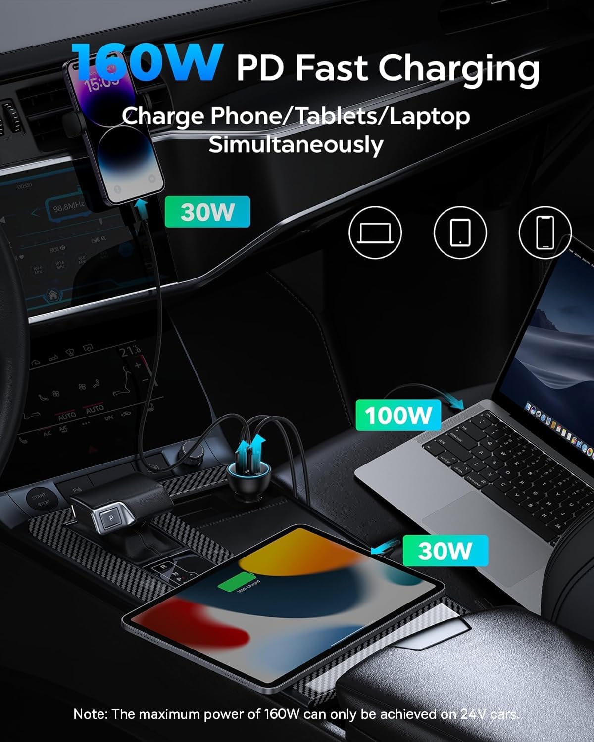 شاحن سيارة USB C، شاحن سيارة باسيوس 160 واط، محول شاحن سيارة سريع QC5.0 PD3.0 بـ3 منافذ، شاحن USB لولاعة السجائر لايفون كروم بوك وسامسونج جالاكسي S21 وايباد برو وماك بوك 2021 وديل لابتوب