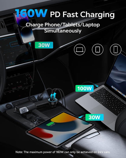 شاحن سيارة USB C، شاحن سيارة باسيوس 160 واط، محول شاحن سيارة سريع QC5.0 PD3.0 بـ3 منافذ، شاحن USB لولاعة السجائر لايفون كروم بوك وسامسونج جالاكسي S21 وايباد برو وماك بوك 2021 وديل لابتوب