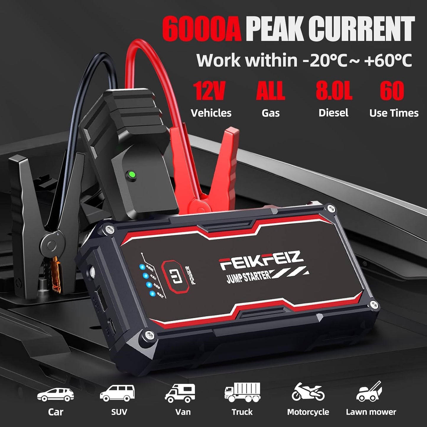 FEIKFEIZ Car Jump Starter, 6000A Peak 26800mAh 12V Battery Jumper Starter Portable for Up to All Gas/8.0L Diesel Vehicles with USB Charge Output Port and LED Lights.