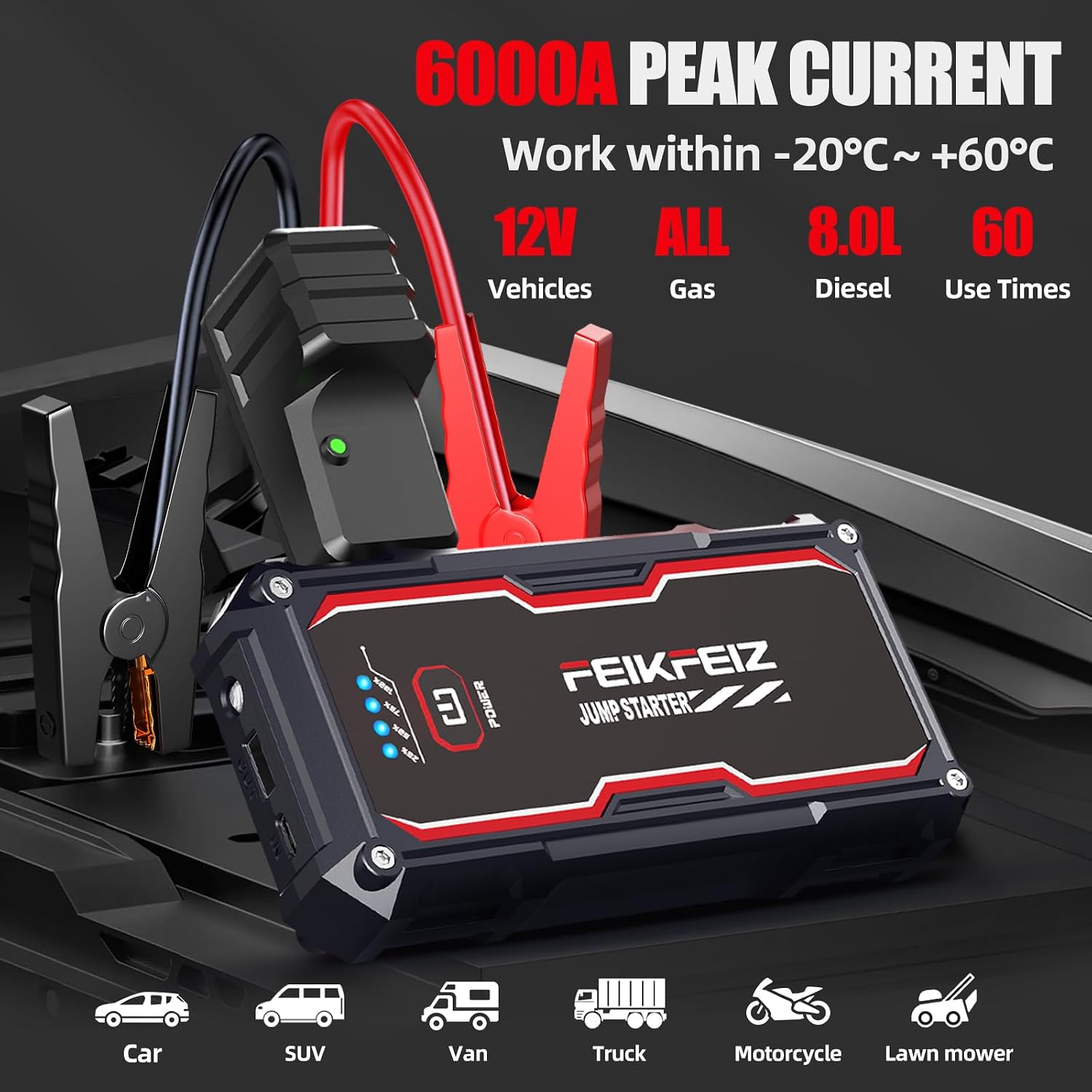 FEIKFEIZ Car Jump Starter, 6000A Peak 26800mAh 12V Battery Jumper Starter Portable for Up to All Gas/8.0L Diesel Vehicles with USB Charge Output Port and LED Lights.