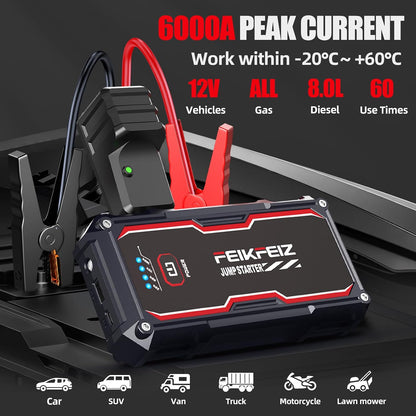 FEIKFEIZ Car Jump Starter, 6000A Peak 26800mAh 12V Battery Jumper Starter Portable for Up to All Gas/8.0L Diesel Vehicles with USB Charge Output Port and LED Lights.