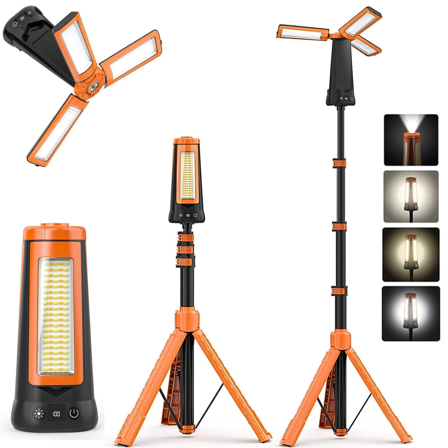 Portable LED Camping Lantern-Cordless Work Light Magnetic Camping Essentials-Detachable Tripod-Rechargeable with Stand-Indoor Outdoor Home LED Flashlights for Camping,Hiking,Fishing,Travel (Light)