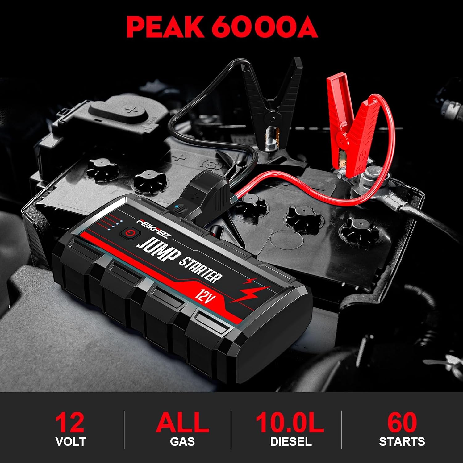 FEIKFEIZ Car Jump Starter 6000A Peak 26800mAh 12V Super Safe Jump Starter(Up to All Gas, 10.0L Diesel Engine), with USB Quick Charge 3.0