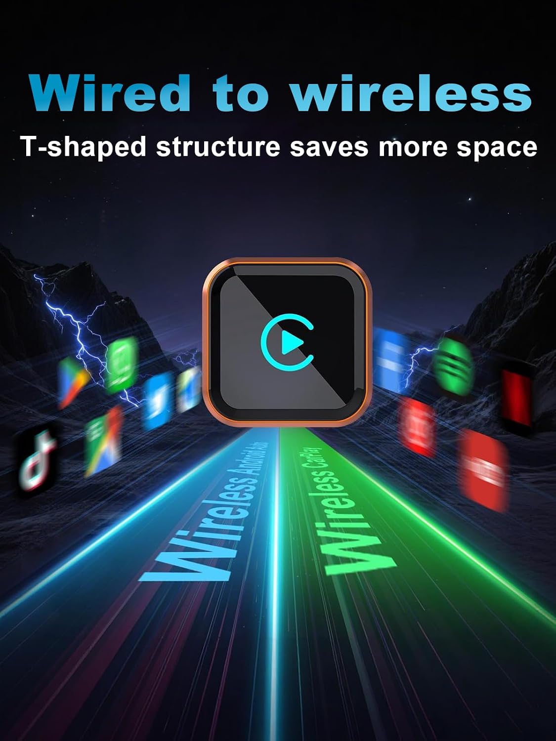 محول كاربلاي لاسلكي 2026 مطور لنظام iOS واندرويد اوتو من يثكي، صغير الحجم سلكي الى لاسلكي كاربلاي، التوصيل والتشغيل، محول تشغيل السيارة مدمج مع USB/نوع C