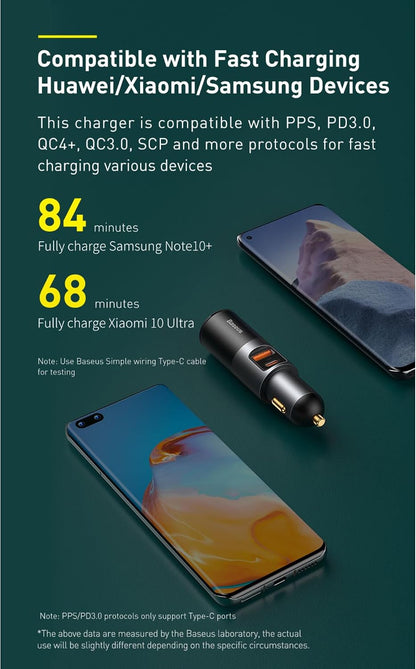 شاحن سيارة USB C 120 واط باسيوس متعدد USB شحن سريع كيو سي 3.0 وبي دي 3.0 30 واط + 30 واط + 60 واط 1 USB، 1 نوع سي ومنافذ توسيع ولاعة السجائر للهواتف الذكية/التابلت/سويتش