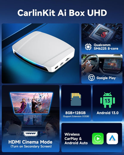Carlinkit Top-tier Android Ai Box, HDMI Cinema Mode, Driven by Qualcomm 6225 with 8+128GB, SIM/TF Card, Built-in Google Play, Only Works the Vehicle with Wired CarPlay/Android Auto from Factory