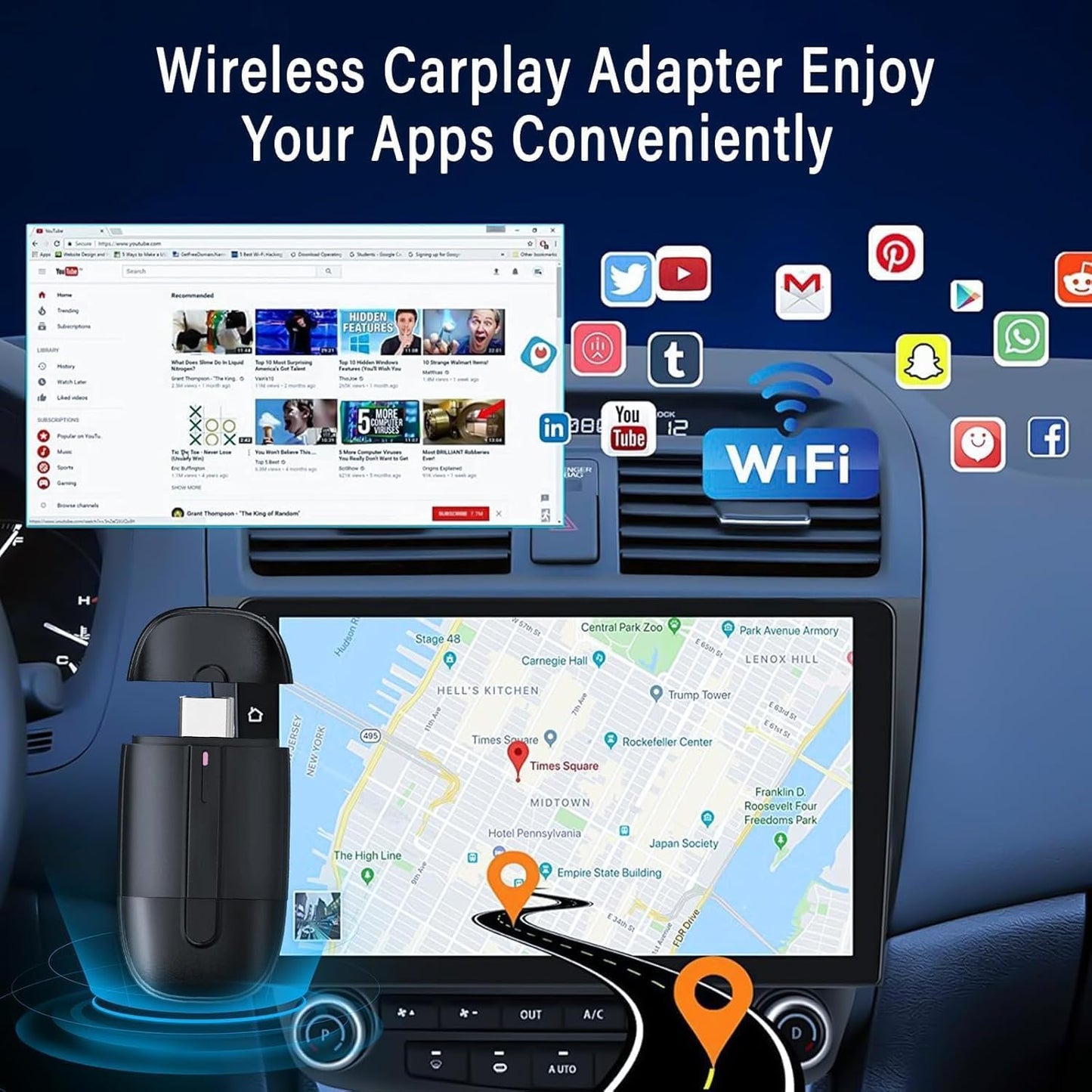 محول كاربلاي لاسلكي لايفون، USB A ونوع C، مطور سلكي الى لاسلكي كاربلاي، التوصيل والتشغيل، تصميم مضغوط، متوافق مع سيارات 2017+، اي او اس 10 وما فوق، اسود