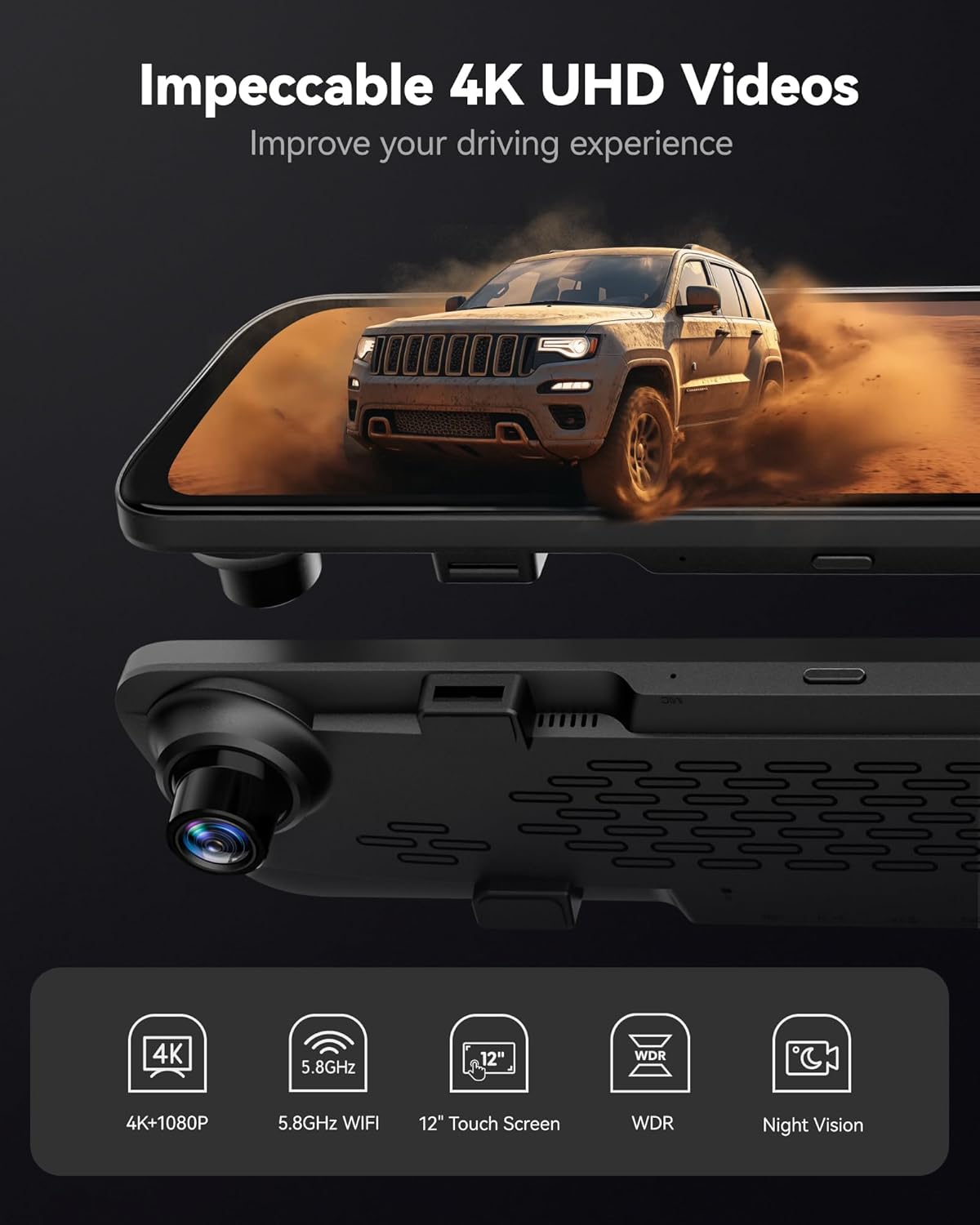 كاميرا ولف بوكس G840S 12 بوصة بدقة 4K، مرآة رؤية خلفية ذكية بتقنية WiFi 5.8 جيجاهرتز للسيارات والشاحنات، كاميرا رؤية أمامية وخلفية مزدوجة، رؤية ليلية، مساعدة في ركن السيارة، بطاقة 32 جيجا بايت متضمنة