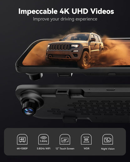 كاميرا ولف بوكس G840S 12 بوصة بدقة 4K، مرآة رؤية خلفية ذكية بتقنية WiFi 5.8 جيجاهرتز للسيارات والشاحنات، كاميرا رؤية أمامية وخلفية مزدوجة، رؤية ليلية، مساعدة في ركن السيارة، بطاقة 32 جيجا بايت متضمنة