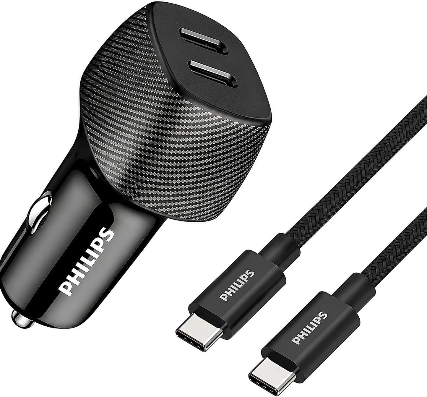 فيليبس شاحن سيارة USB نوع سي 60 واط بمنفذين مع كيبل USB-C بطول 1 متر، شحن سريع، حماية ذكية، لايفون وسامسونج وايباد والتابلت، DLP5522CC/00