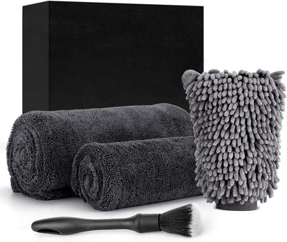 4in1 Car towel set, 2 x 1300 GSM Microfiber Drying Towel, 1x Car Wash Mitt, 1x Car Detailing Brush