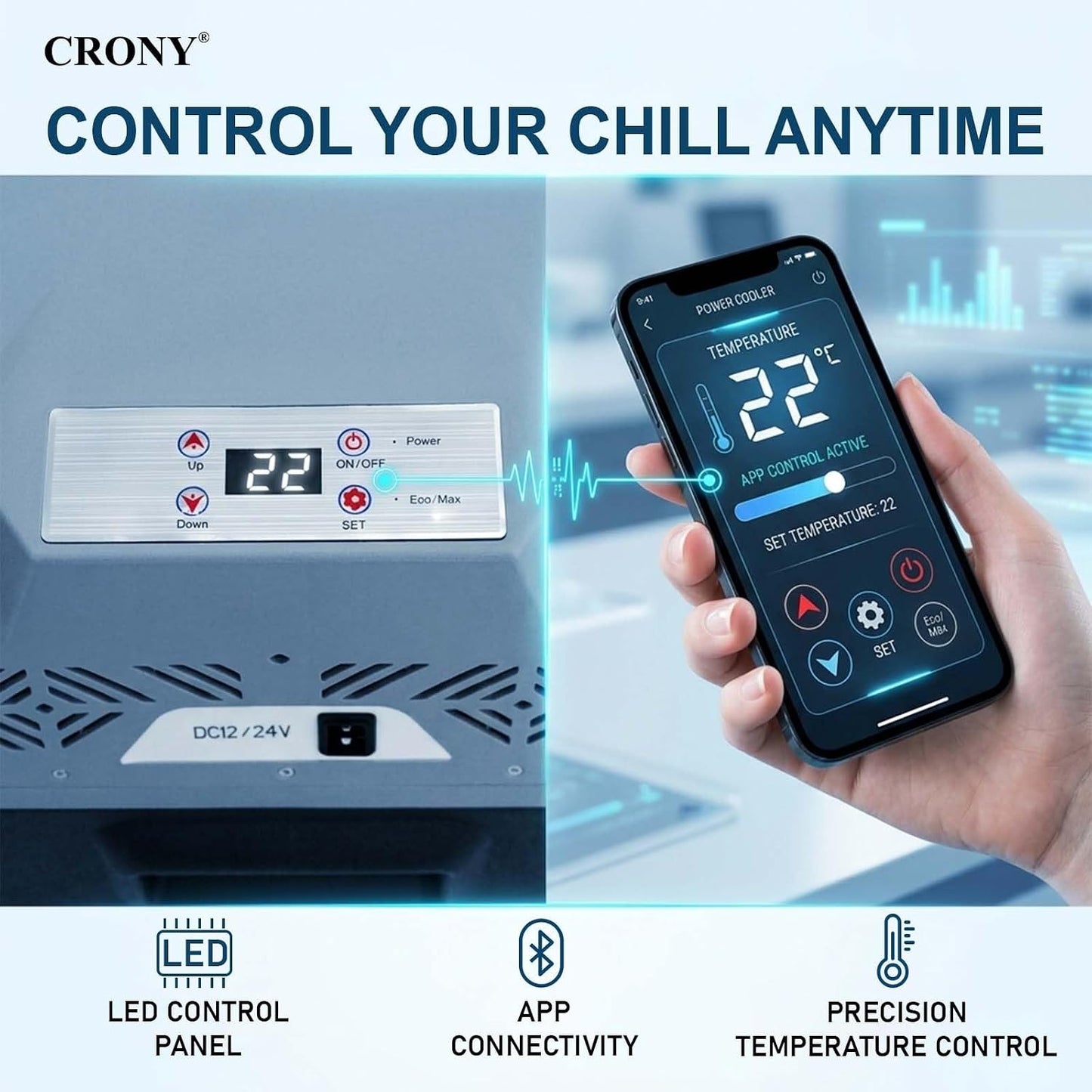 كروني ثلاجة سيارة CX50 سعة 50 لتر مع بطارية ليثيوم، تيار مستمر 12/24 فولت، -20 درجة مئوية الى 20 درجة مئوية، لوحة تحكم LED، اتصال تطبيق، شحن USB، عجلات عربة، طاقة مزدوجة، حماية البطارية
