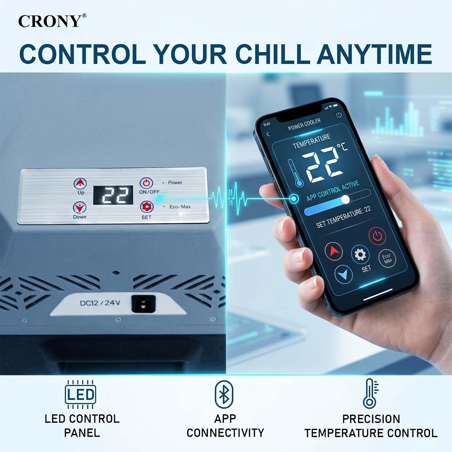 كروني ثلاجة سيارة CX50 سعة 50 لتر مع بطارية ليثيوم، تيار مستمر 12/24 فولت، -20 درجة مئوية الى 20 درجة مئوية، لوحة تحكم LED، اتصال تطبيق، شحن USB، عجلات عربة، طاقة مزدوجة، حماية البطارية