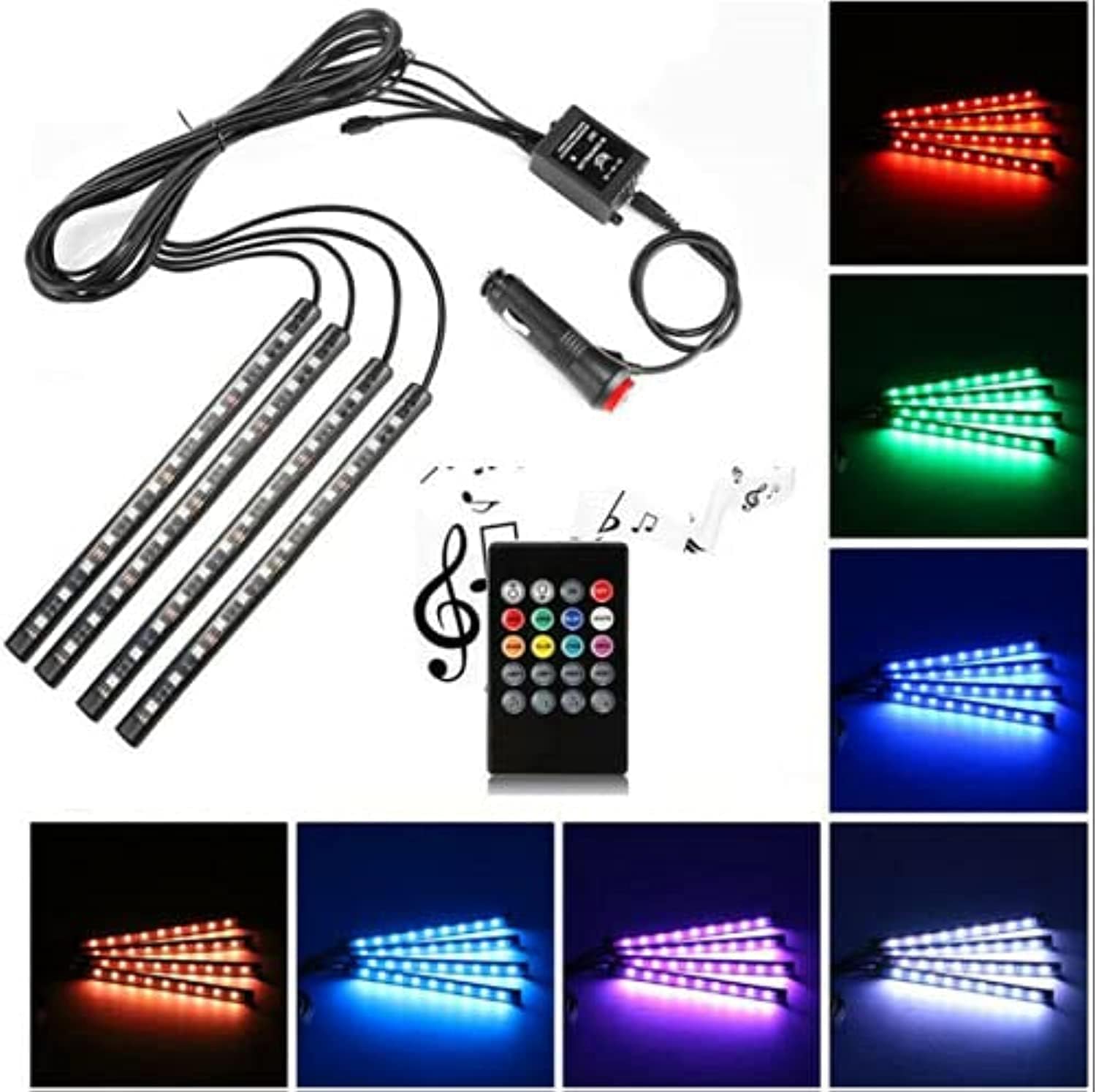شريط اضاءة LED للسيارة من لووان، 4 قطع، تيار مستمر 12 فولت و48 لمبة LED، إضاءة داخلية متعددة الألوان بريموت كنترول لاسلكي، مع وظيفة الصوت النشطة، أوضاع متعددة للاختيار من بينها